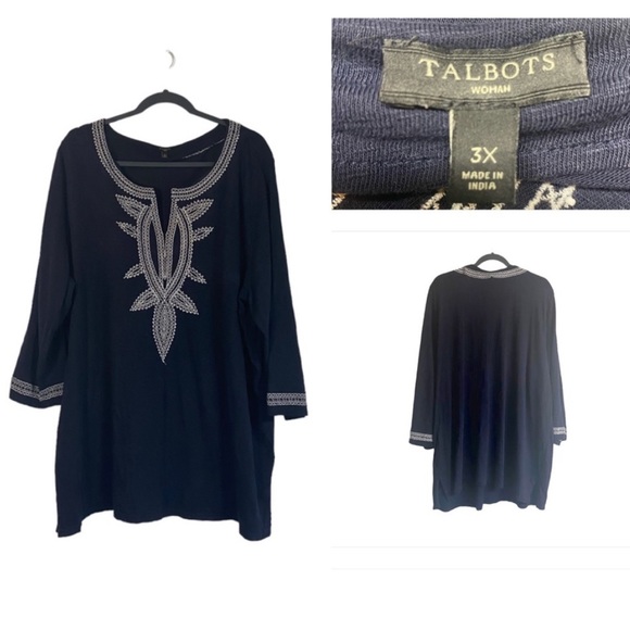 Talbots Tops - Talbots Boho Plus Size Navy Blue Embroidered Tunic Size 3X 100% Cotton
